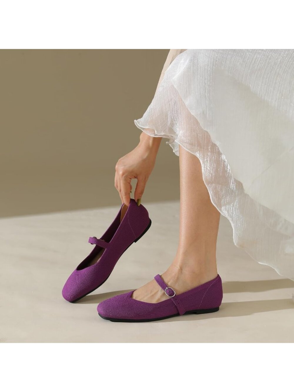 Women's Deep Purple Knit Flats Square Toe Casual Ballet Flat Ankle Strap Shoes - Picture 3 of 6